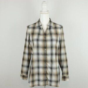 J. Jill Women's Medium Gray Tan Plaid Cotton Blend Long Sleeve Button Up Shirt